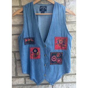 90s 'School Teacher' Chambray Vest with Floral Patches
